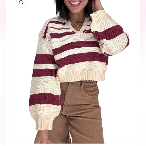 NEW Papermoon V-Neck Sweater in Cream and Burgundy Stripes - Picture 6 of 7